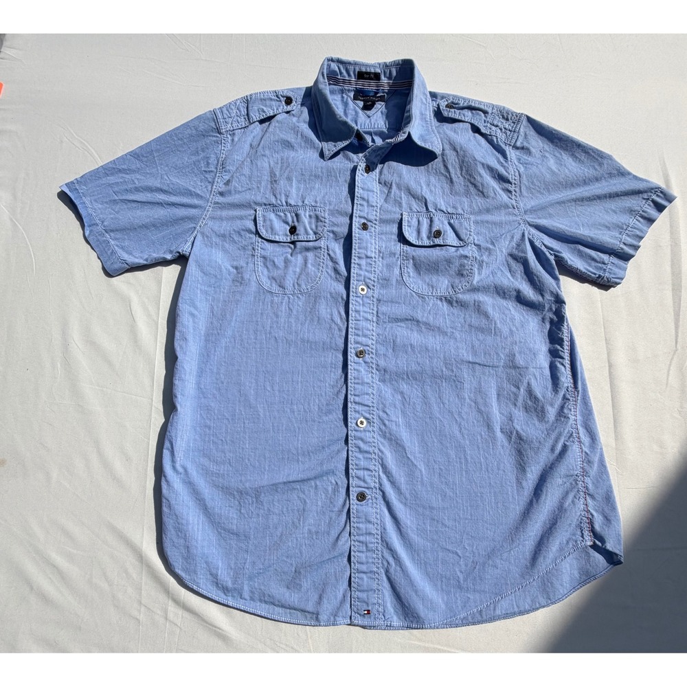 Tommy Hilfiger Mens Trim Fit Short Sleeve Button Down Shirt Blue Medium Epaulets